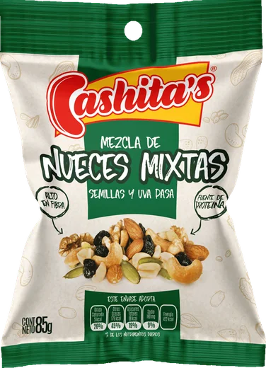 Empaque de Nueces mixtas, semillas y uva pasa Cashitas